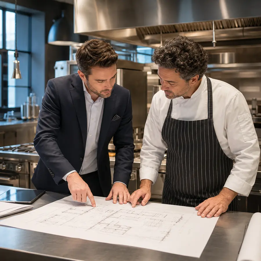 Hospitality equipment consultant reviewing a commercial kitchen plan