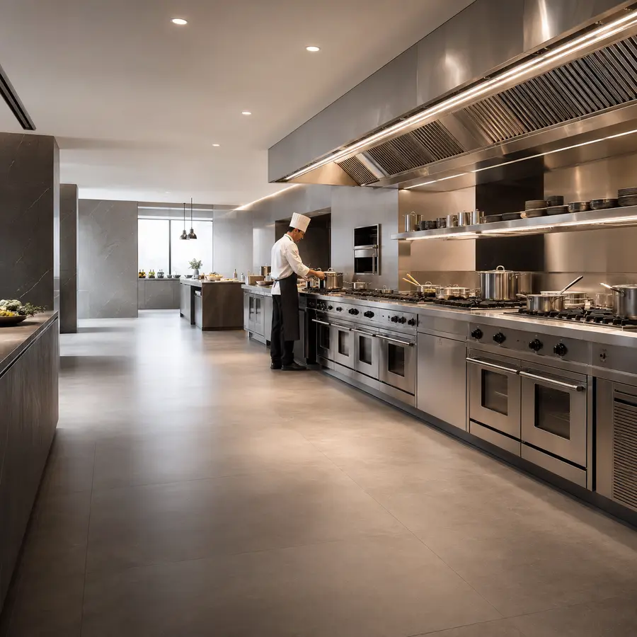Installed commercial cooking line ready for commissioning and handover