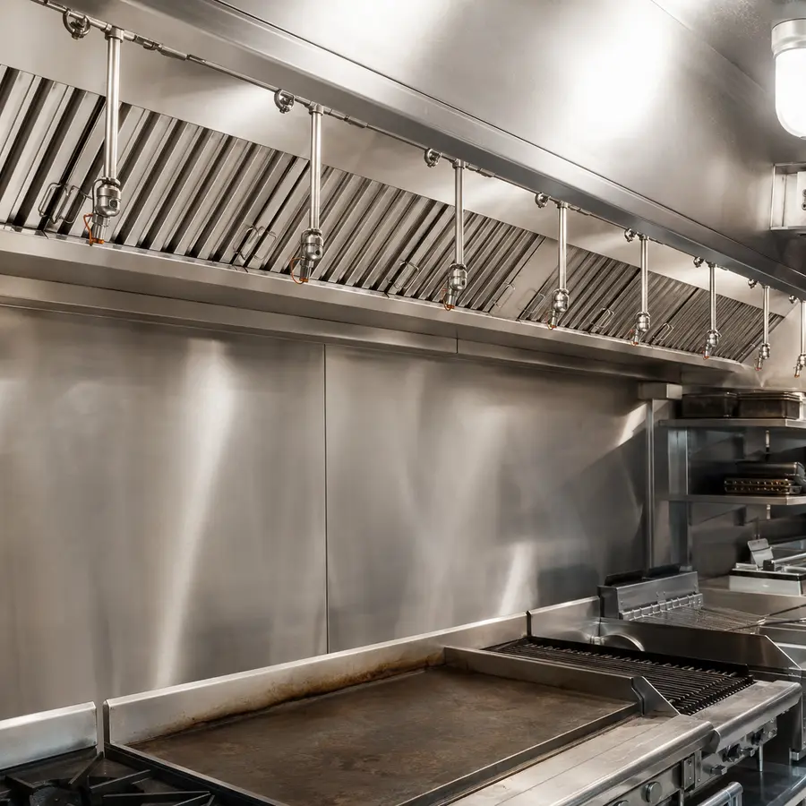 Open commercial cooking line with extraction hood