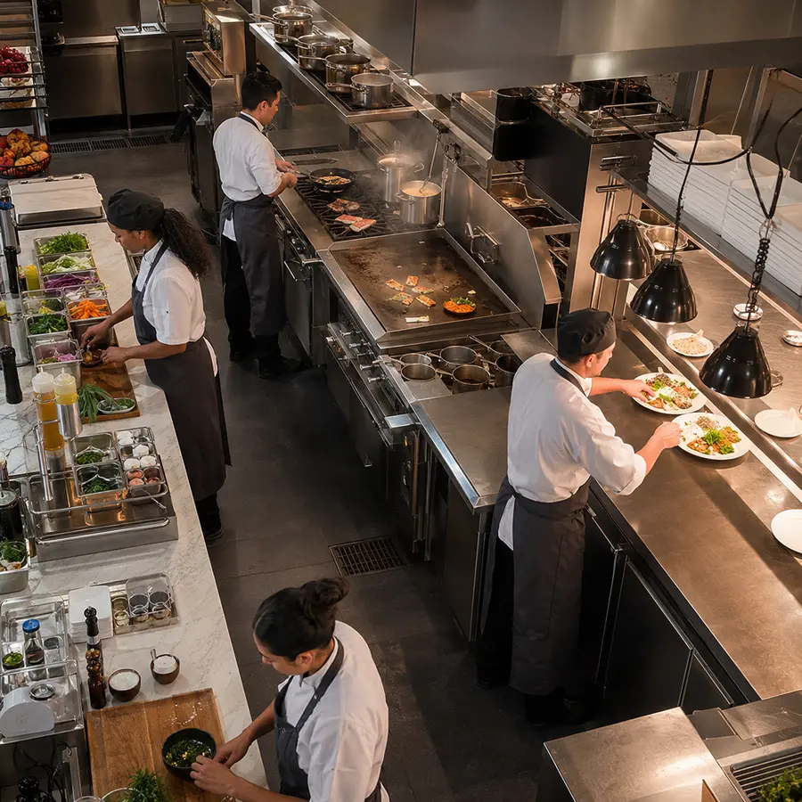 Efficient chef workflow along a commercial cooking line