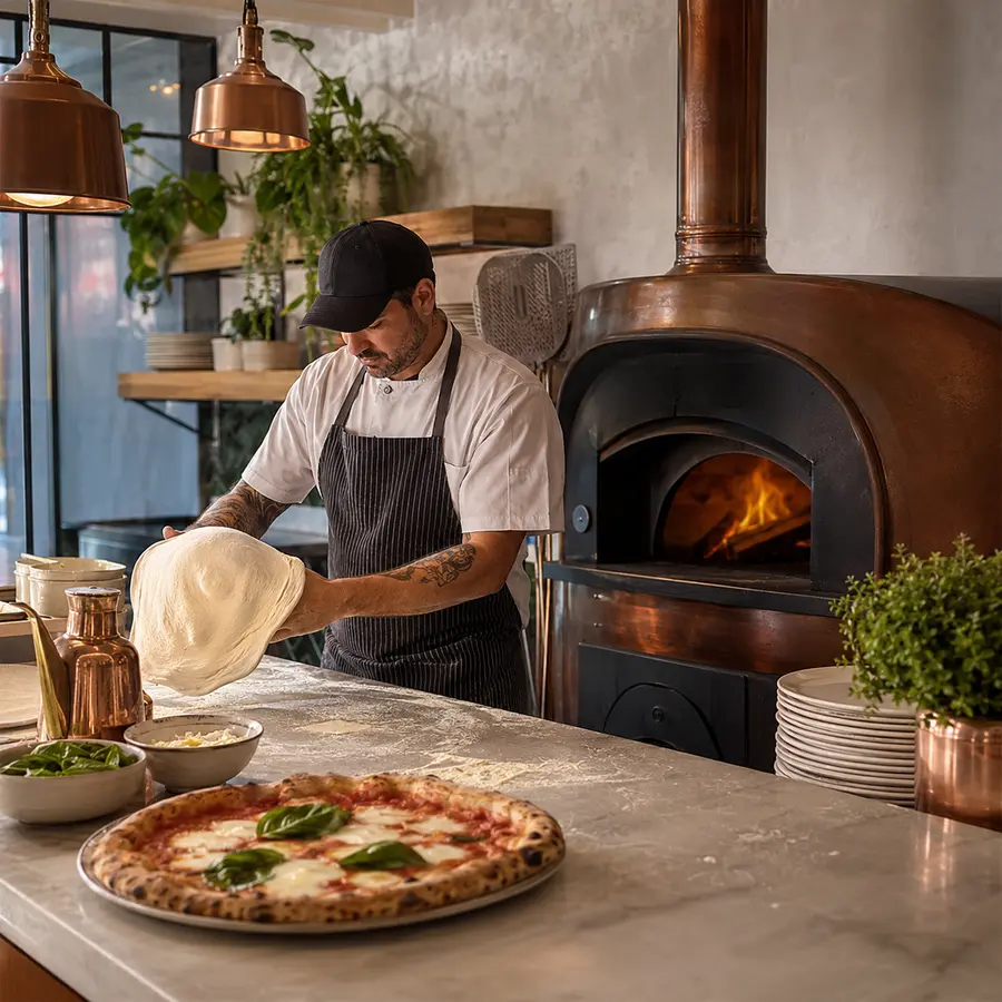 Open pizzeria kitchen with a commercial pizza oven
