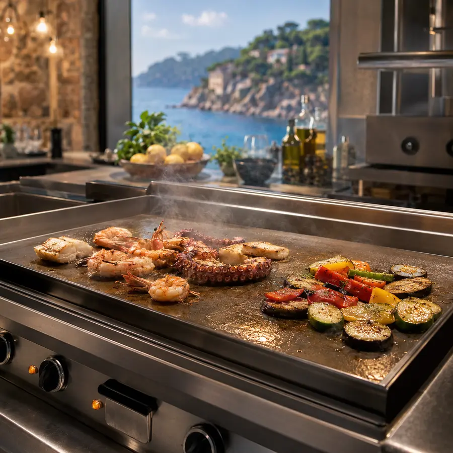 Commercial plancha searing seafood and vegetables