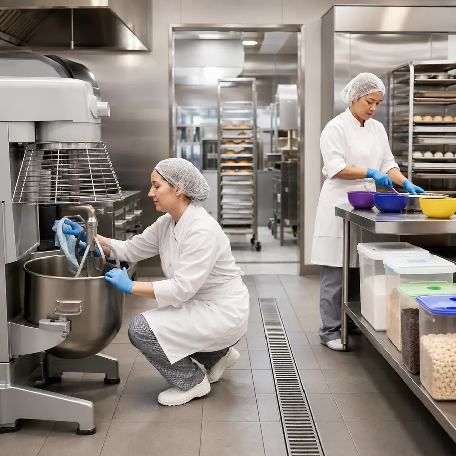 Technician performing preventive maintenance on cooking equipment