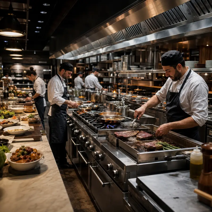 Busy contemporary restaurant kitchen cooking line
