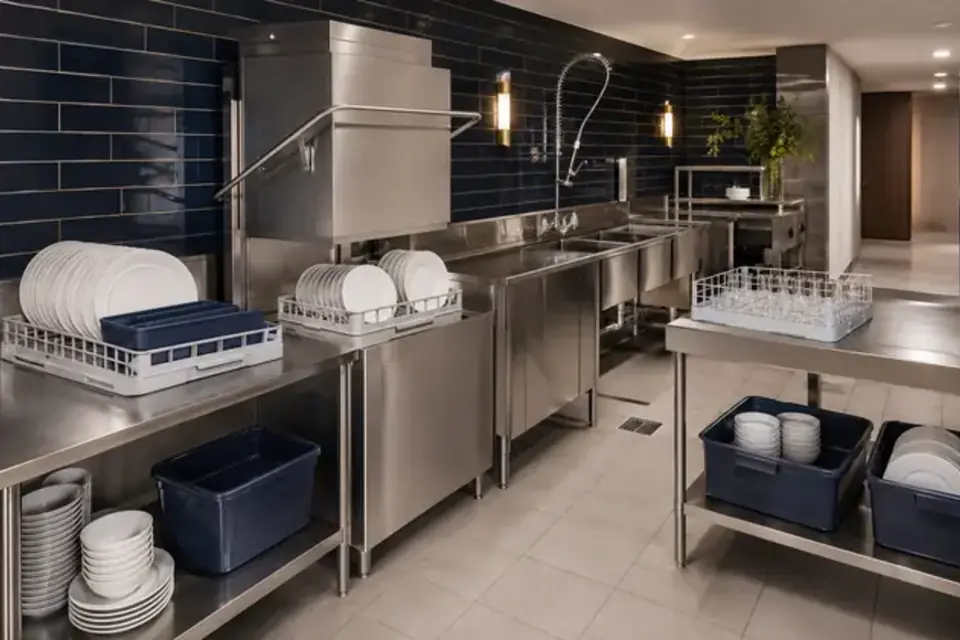 Hygienic commercial sink and stainless-steel preparation area