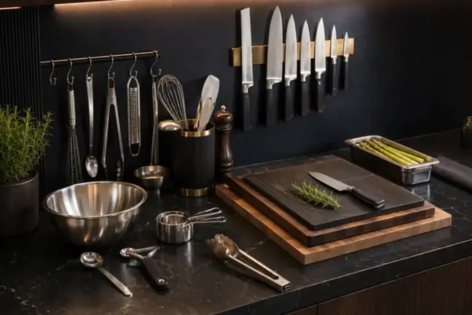 Commercial cutting and processing equipment in a professional kitchen