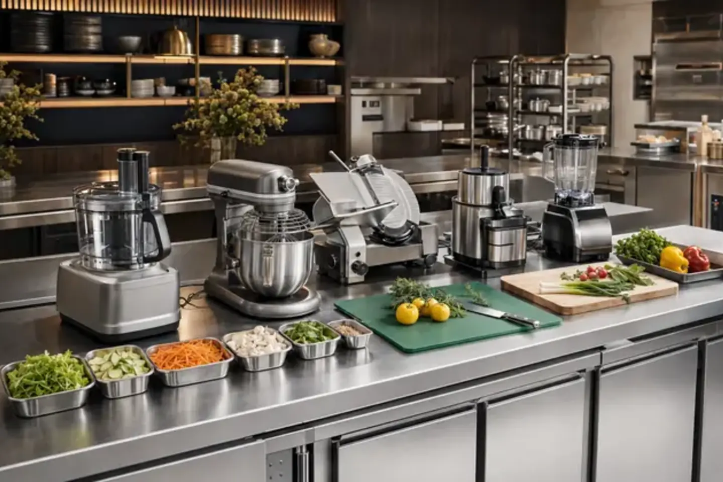 Professional hotel kitchen with commercial food preparation equipment and stainless-steel workstations