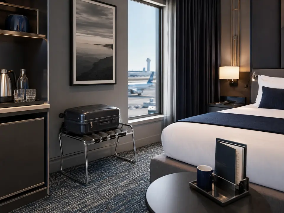 Efficient airport hotel room with luggage and refreshment accessories
