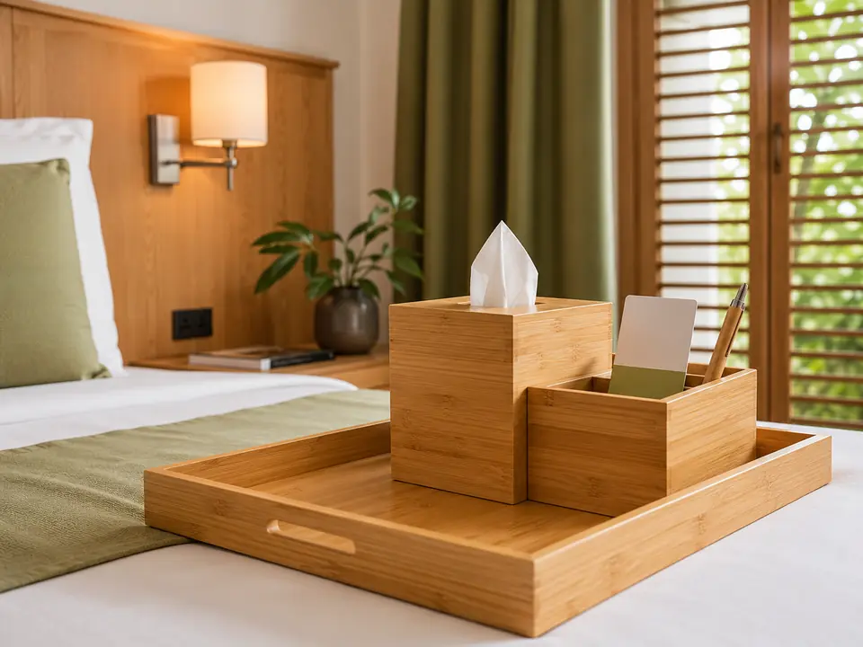 Bamboo welcome tray and guest room desk accessories
