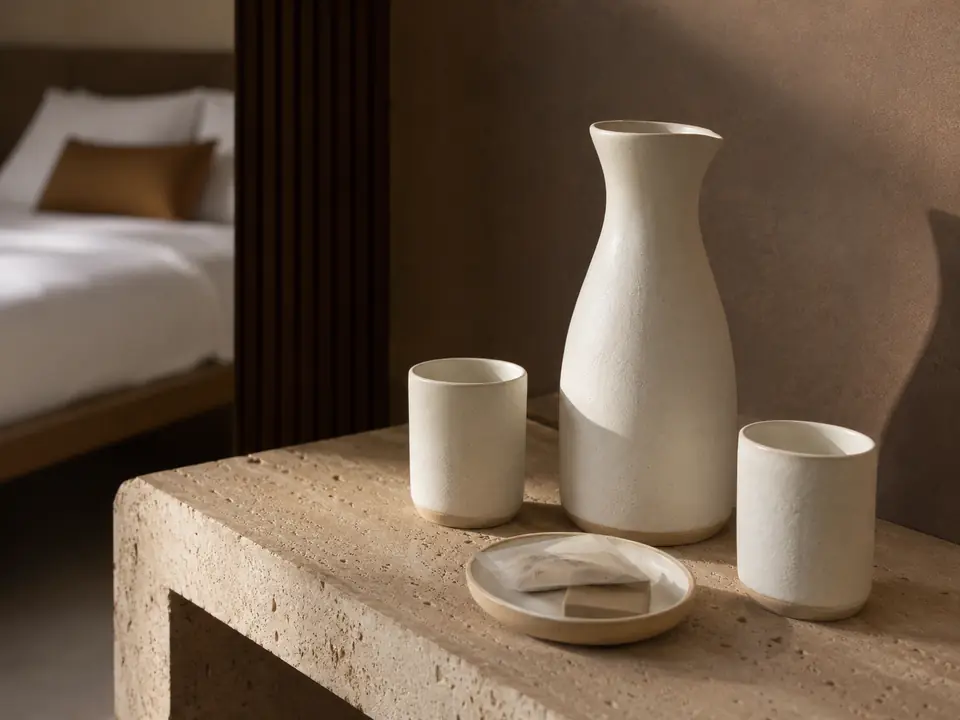 Matte ceramic welcome carafe and guest tumblers