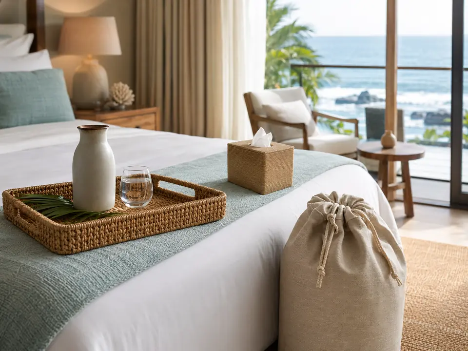 Relaxed coastal resort room with natural guest room accessories