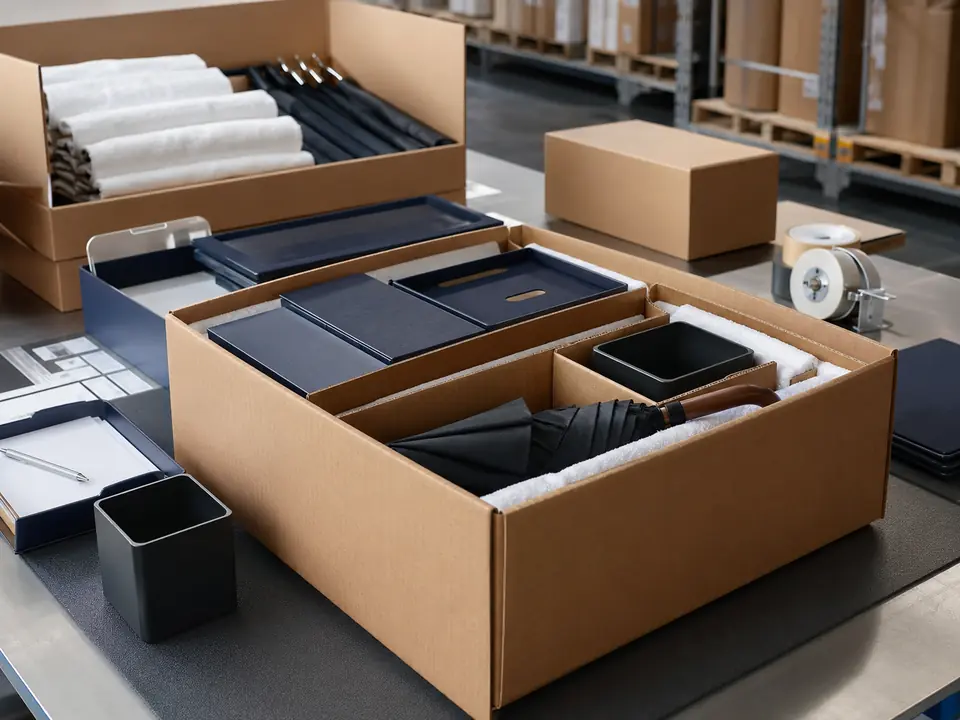 Guest room supplies organized for consolidated project packing