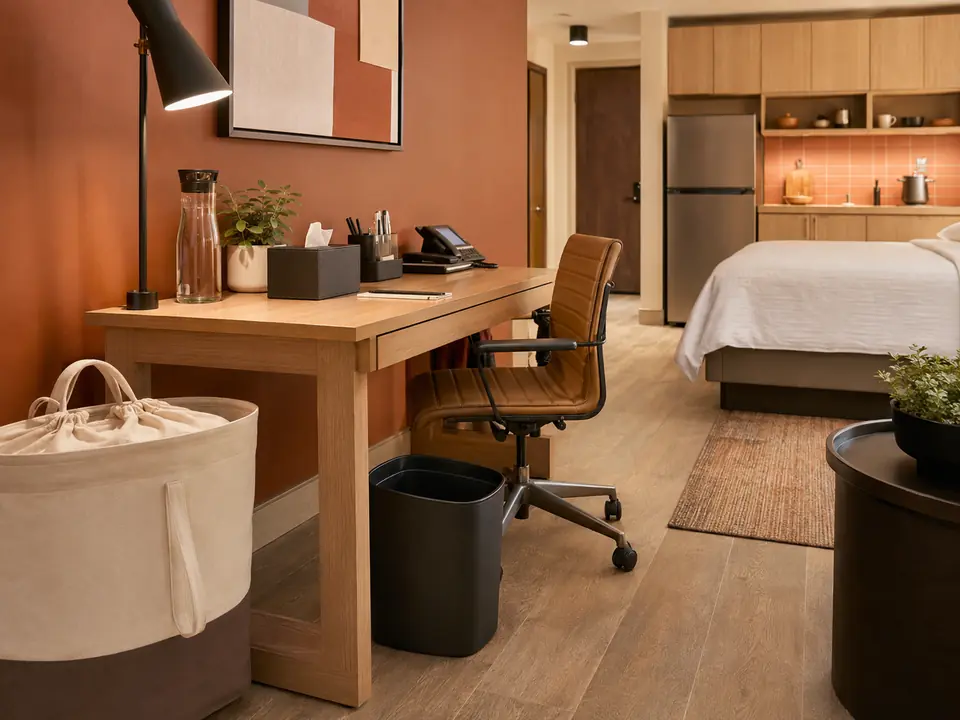 Extended-stay suite with durable reusable guest room supplies