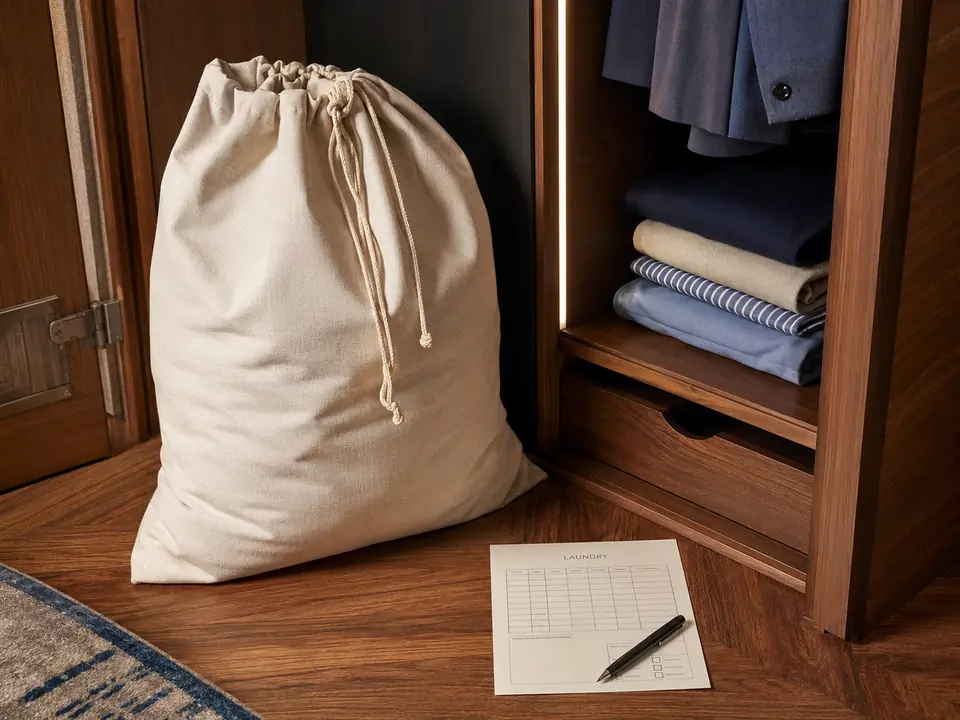 Hotel laundry bag and form beside an organized wardrobe