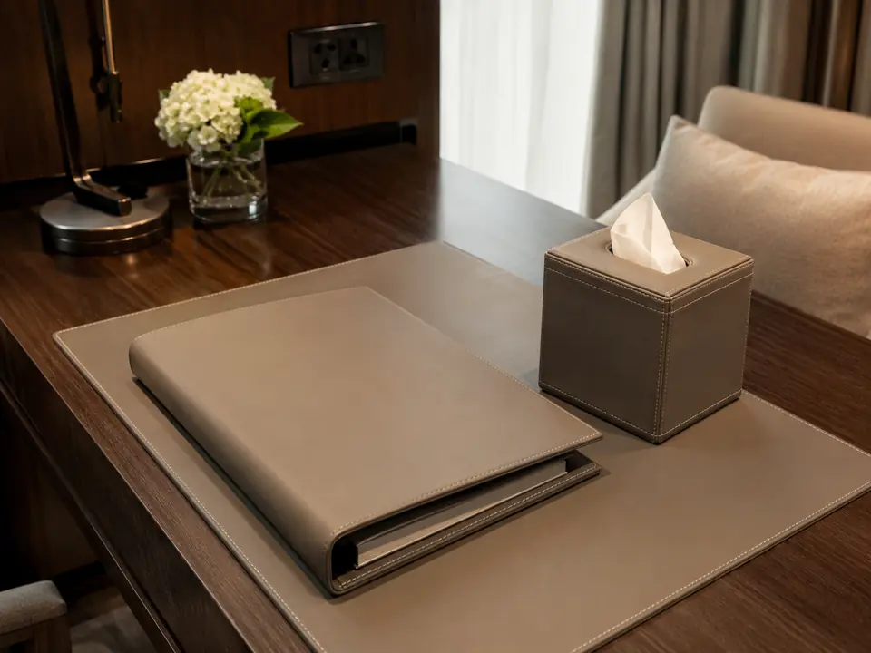 Leatherette desk organizer, compendium, and tissue cover