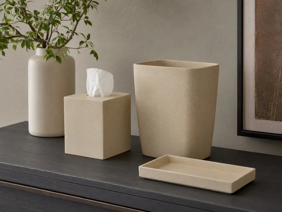 Molded composite room accessories in a neutral finish