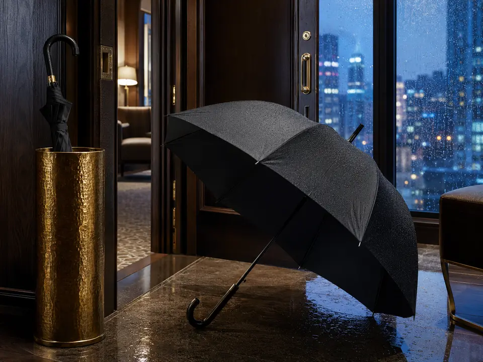 Guest umbrella ready beside a hotel room entrance