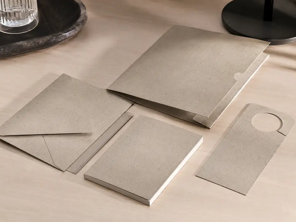 Recycled paper hotel stationery and guest information pieces