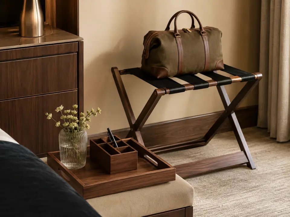 Solid wood luggage rack and coordinated room accessories