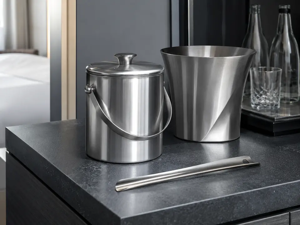 Satin stainless steel ice service and guest room accessories