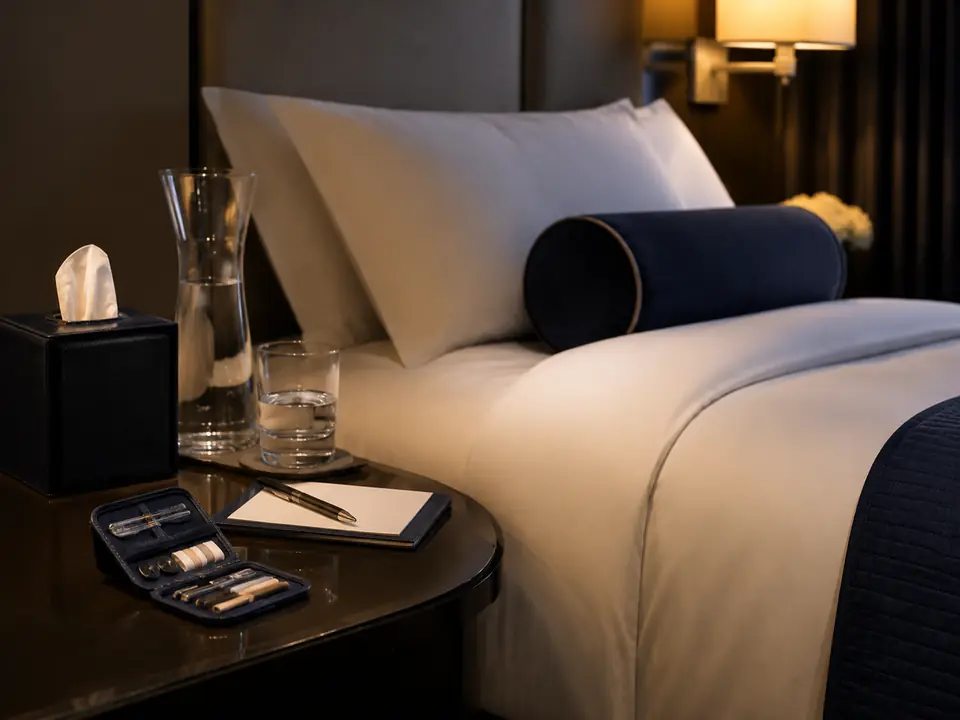 Turned-down hotel bed with coordinated bedside guest supplies