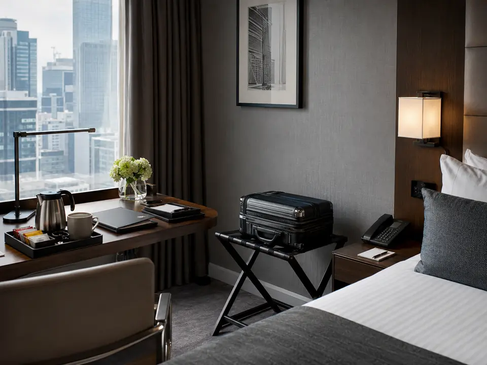 Productive urban hotel room with coordinated desk and guest accessories