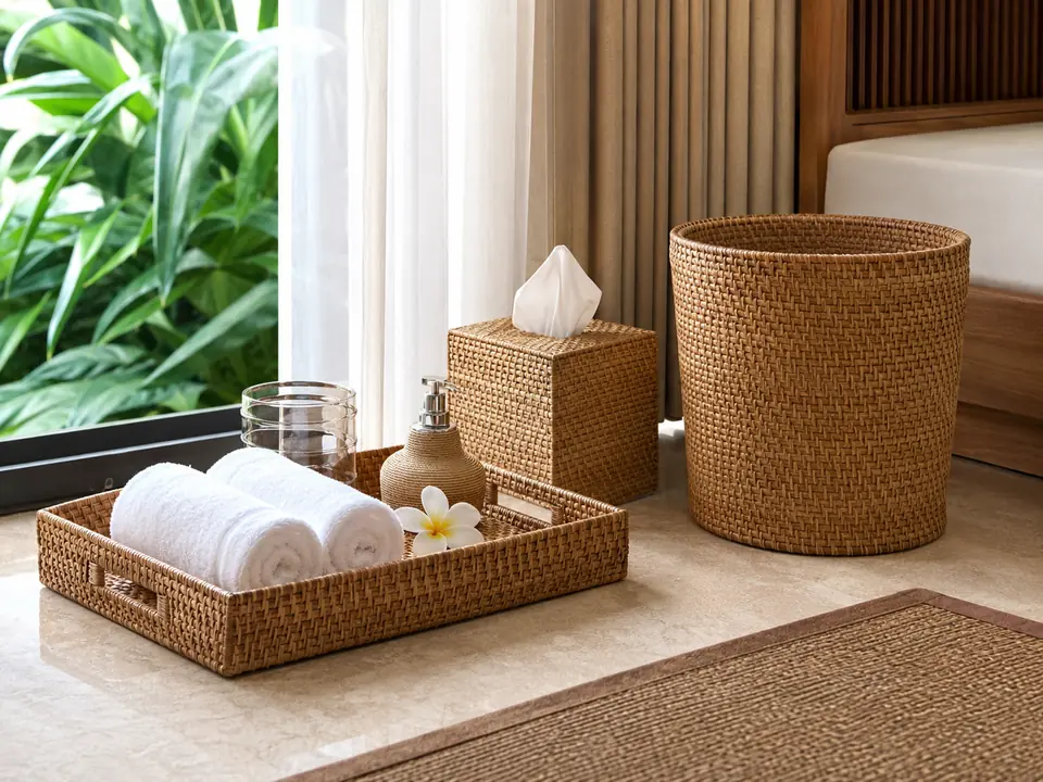 Woven rattan guest room tray and containers