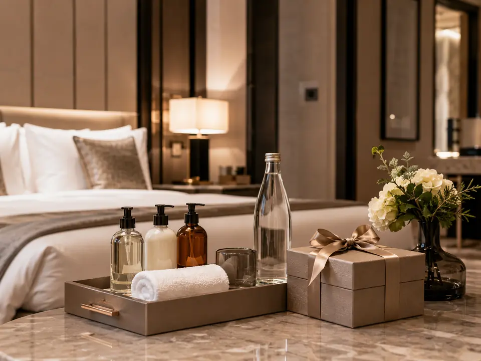 Curated guest amenity and welcome program in a hotel suite