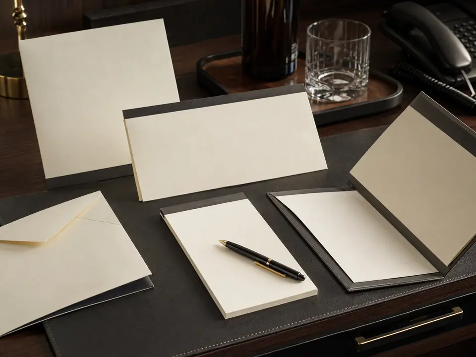 Coordinated hotel stationery and desk accessory program