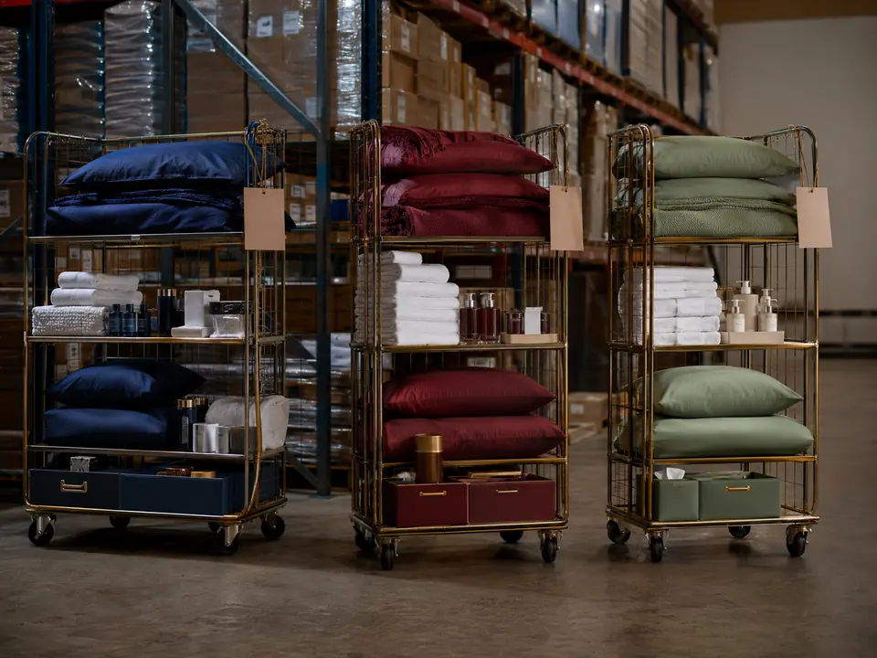 Guest room supplies organized for multi-property replenishment