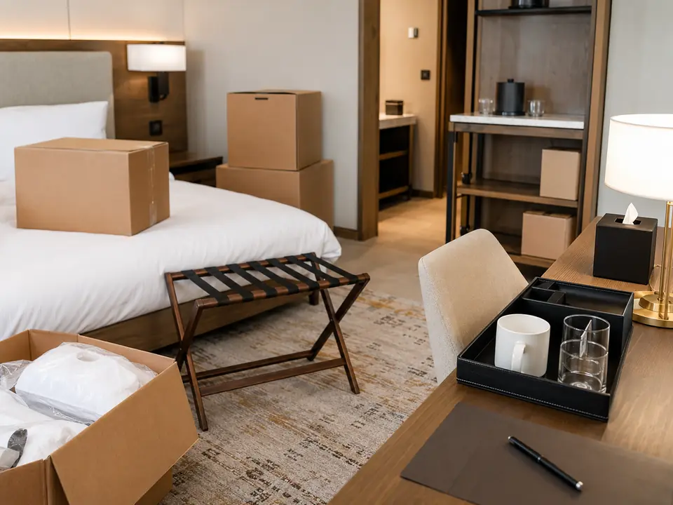 Guest room supplies staged for a new hotel opening
