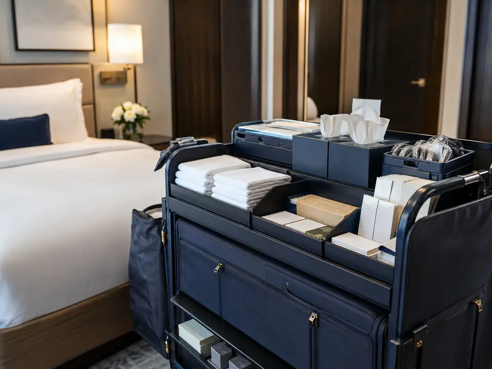 Housekeeping cart restocked with guest room accessories
