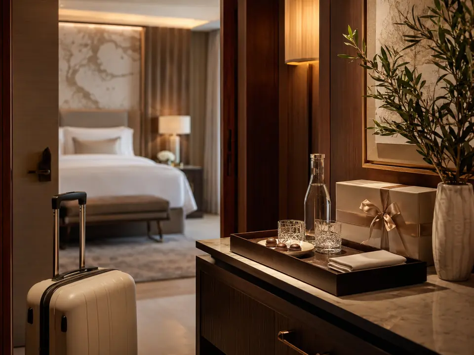 Welcome tray and arrival gift in a luxury hotel room