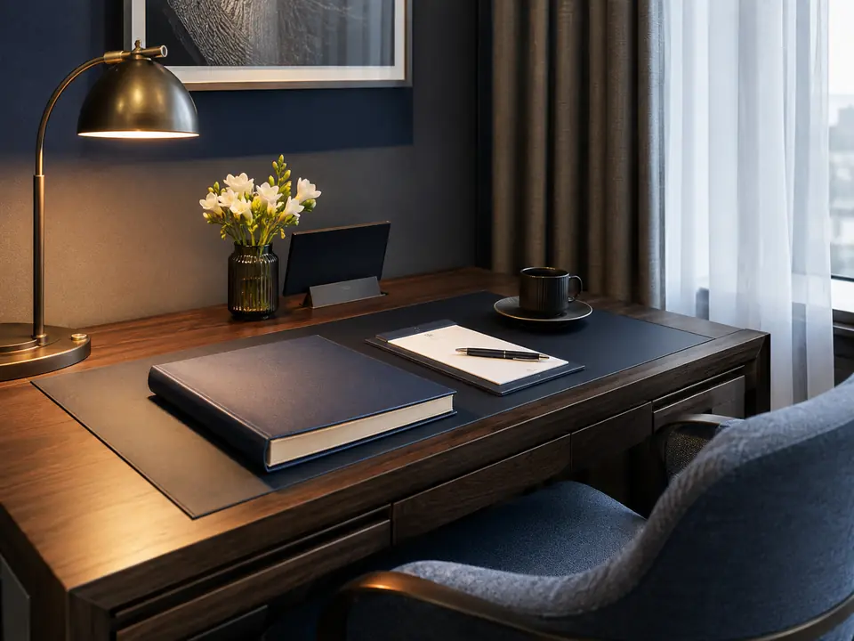 Hotel work desk with guest directory and stationery