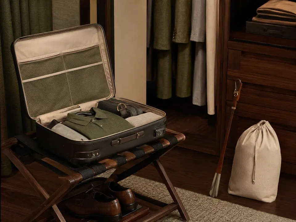 Suitcase on a hotel luggage rack beside wardrobe accessories