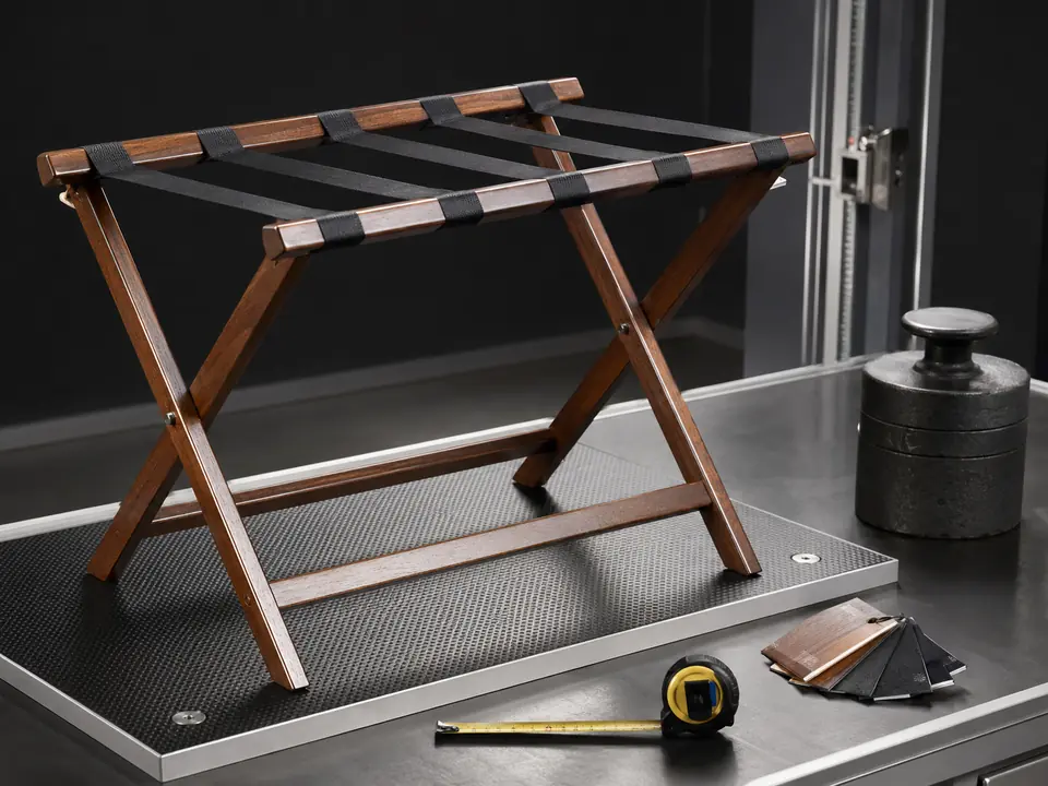 Hotel luggage rack undergoing specification and quality measurement