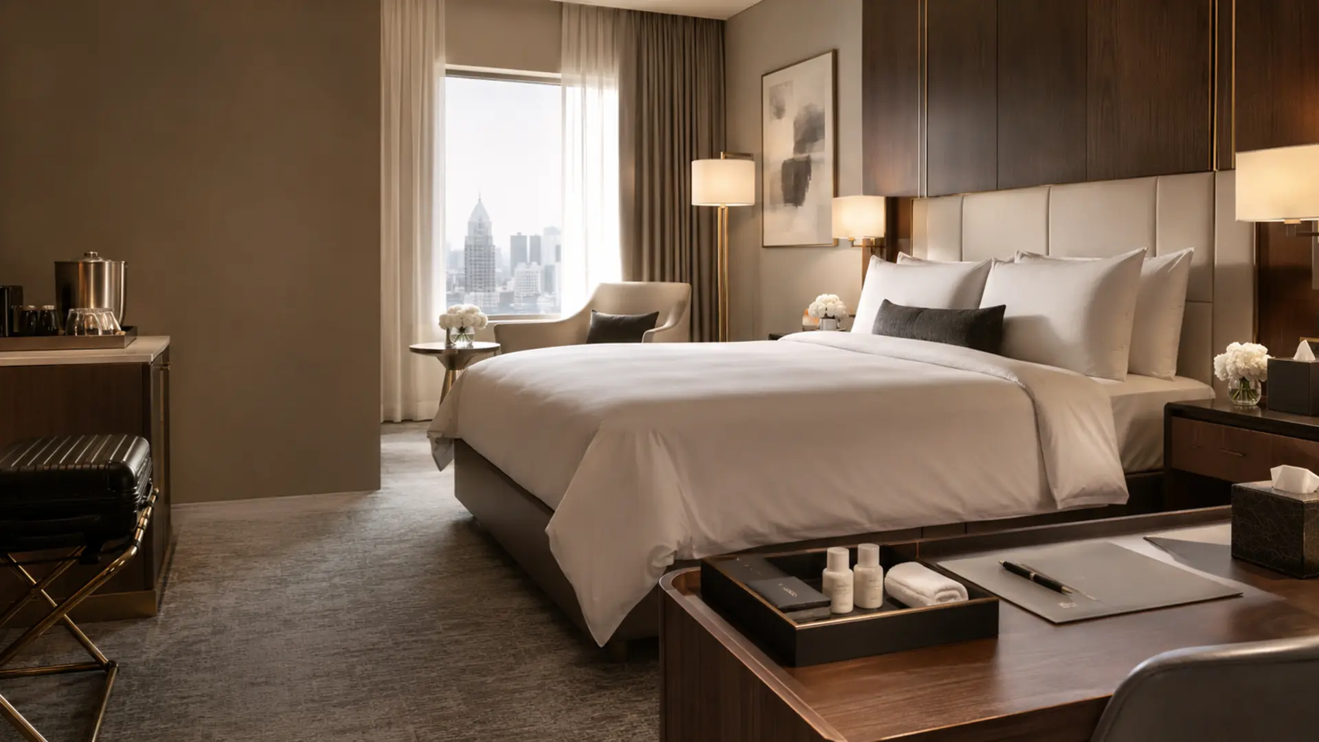 Luxury hotel room with coordinated guest directories, welcome trays, luggage rack, stationery, and guest-care accessories