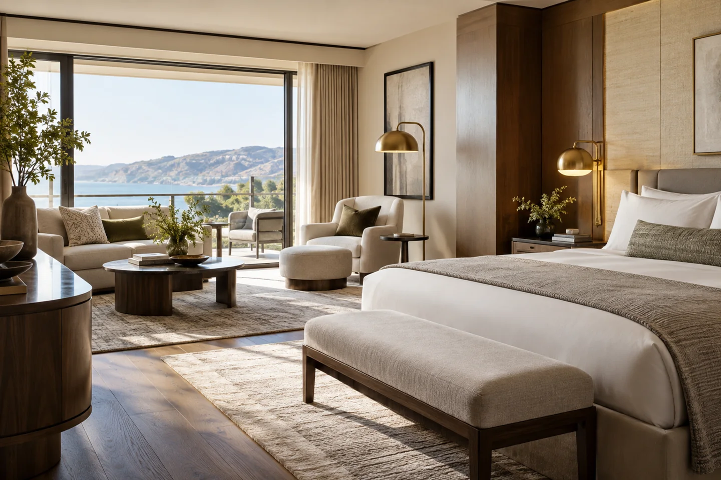 Coordinated hotel interior with furniture, decorative lighting and finishes