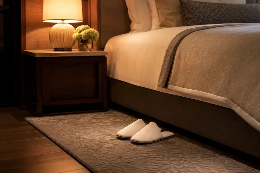 Hotel slippers beside a guest bed