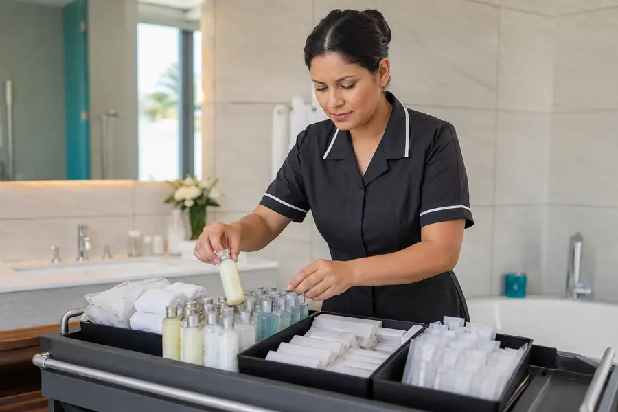 Housekeeping team replenishing hotel amenities