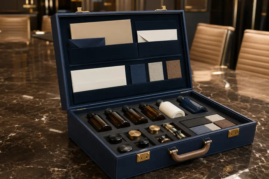 Hotel guest amenity samples prepared for buyer review