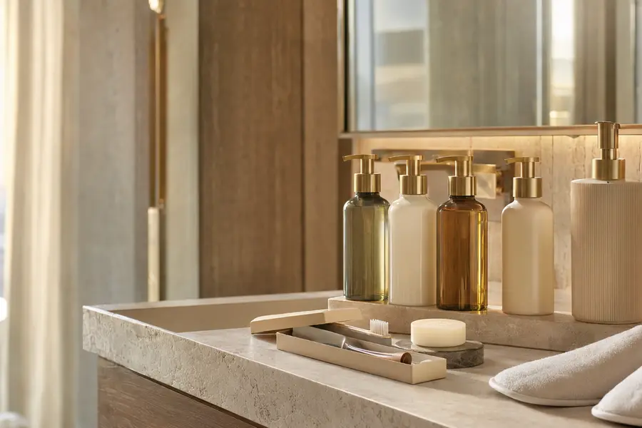 Curated hotel toiletries, amenity kits, slippers, and dispensers arranged for guest-room presentation