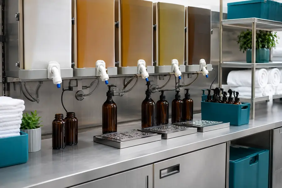 Refillable hotel amenity dispenser station