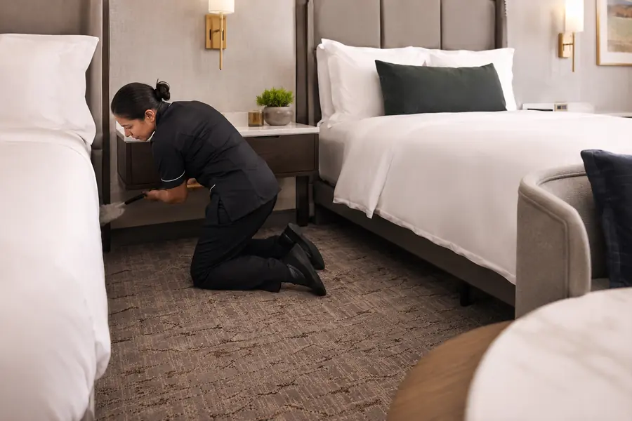 Housekeeper cleaning beneath wall-mounted hotel nightstands