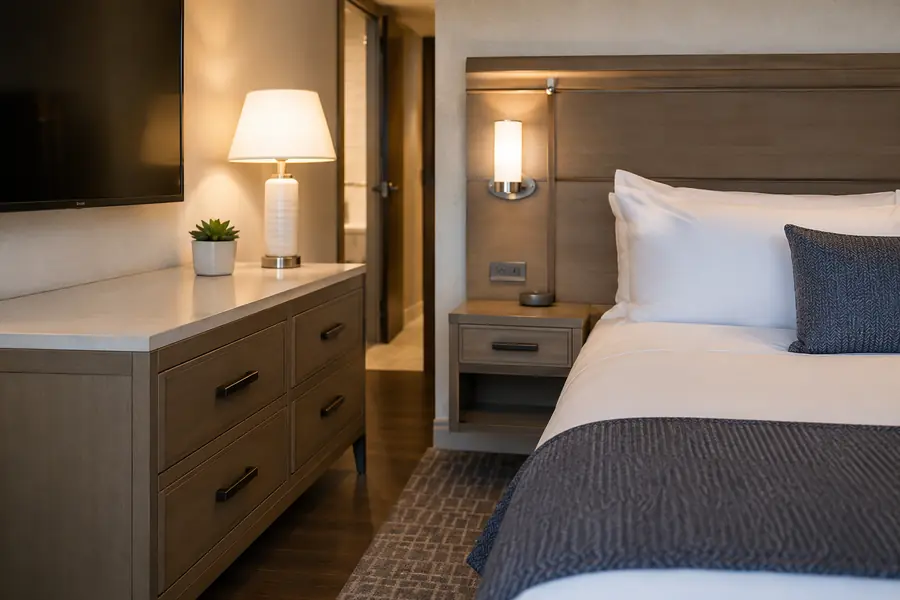 Hotel casegoods selected for lifecycle value and finish continuity