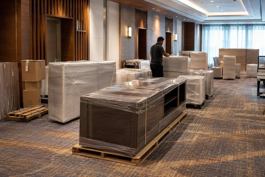 Hotel furniture packed and labeled for a phased guest-room upgrade