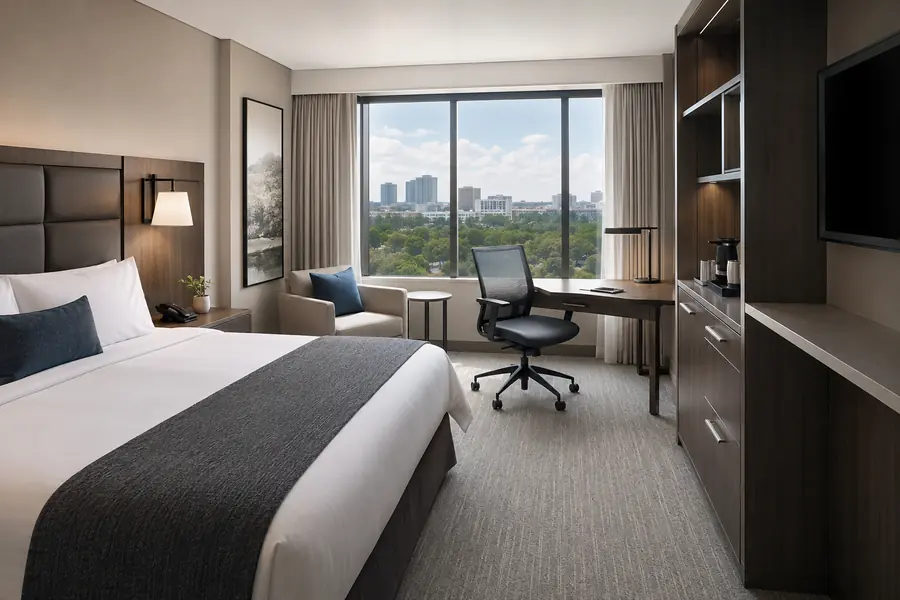 Business hotel room with ergonomic desk seating and organized storage