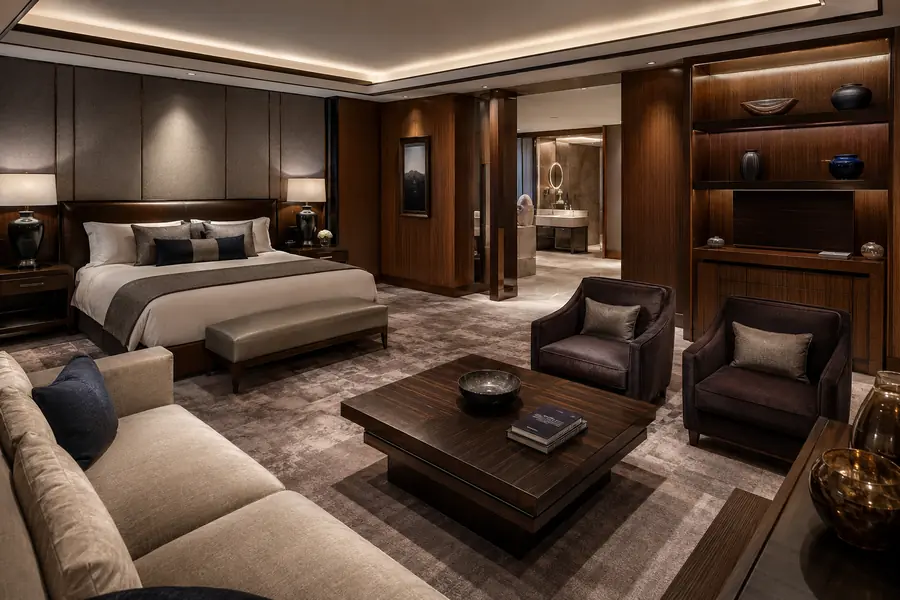 Luxury hotel suite with bespoke guest-room furniture and layered casegoods