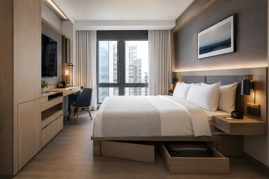 Compact hotel room with integrated storage and space-saving furniture
