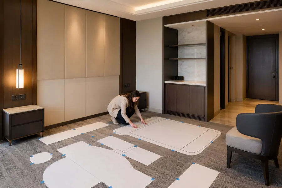 Hotel designer checking guest-room furniture positions, circulation, and wall interfaces